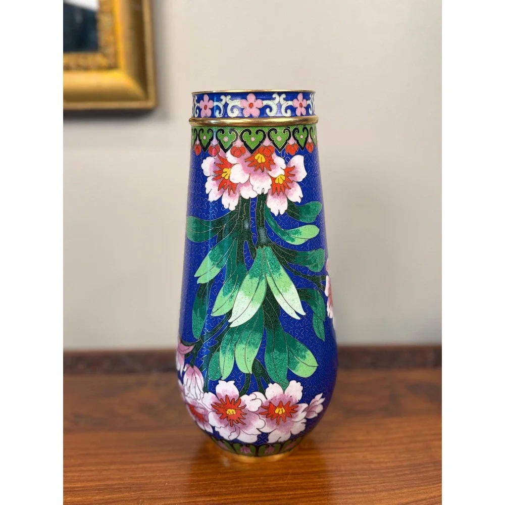 Vintage Chinese Cloisonné Vase • Cobalt Blue Floral Enamel Chinoiserie